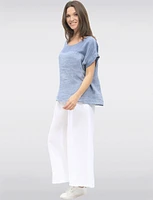 Chic Drop-Shoulder Cap Sleeve Linen Top with Folded Cuff Detail by Froccella