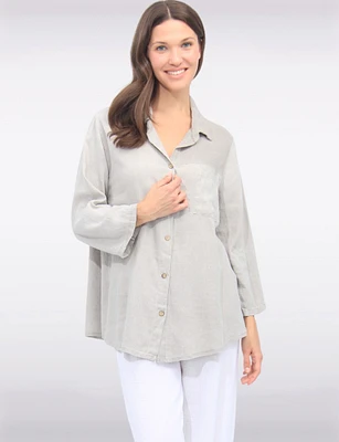 Linen Blend Adjustable 3/4 Sleeves Button-Down Collared Loose Shirt By Froccella