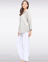Linen Blend Adjustable 3/4 Sleeves Button-Down Collared Loose Shirt By Froccella