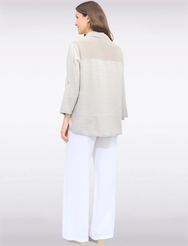 Linen Blend Adjustable 3/4 Sleeves Button-Down Collared Loose Shirt By Froccella