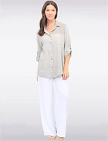 Linen Blend Adjustable 3/4 Sleeves Button-Down Collared Loose Shirt By Froccella