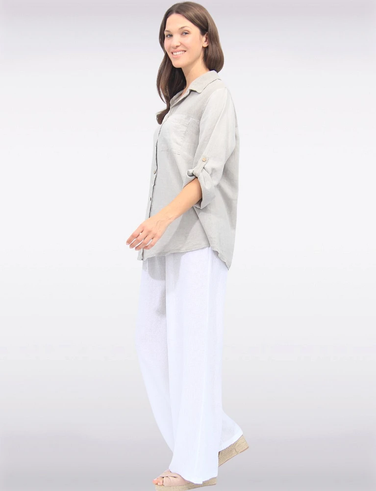 Linen Blend Adjustable 3/4 Sleeves Button-Down Collared Loose Shirt By Froccella