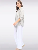 Linen Blend Adjustable 3/4 Sleeves Button-Down Collared Loose Shirt By Froccella