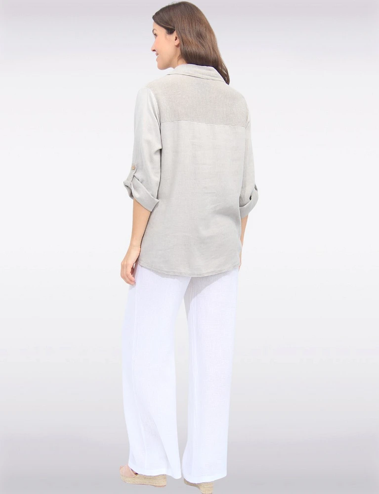 Linen Blend Adjustable 3/4 Sleeves Button-Down Collared Loose Shirt By Froccella
