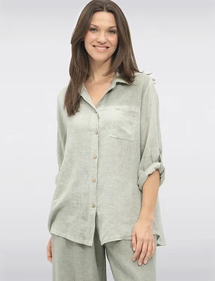 Linen Blend Adjustable 3/4 Sleeves Button-Down Collared Loose Shirt By Froccella