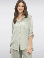 Linen Blend Adjustable 3/4 Sleeves Button-Down Collared Loose Shirt By Froccella