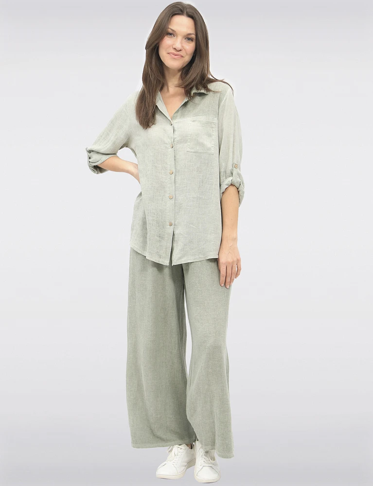 Linen Blend Adjustable 3/4 Sleeves Button-Down Collared Loose Shirt By Froccella
