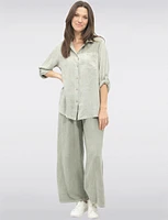 Linen Blend Adjustable 3/4 Sleeves Button-Down Collared Loose Shirt By Froccella