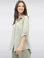 Linen Blend Adjustable 3/4 Sleeves Button-Down Collared Loose Shirt By Froccella