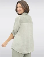Linen Blend Adjustable 3/4 Sleeves Button-Down Collared Loose Shirt By Froccella