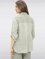 Linen Blend Adjustable 3/4 Sleeves Button-Down Collared Loose Shirt By Froccella