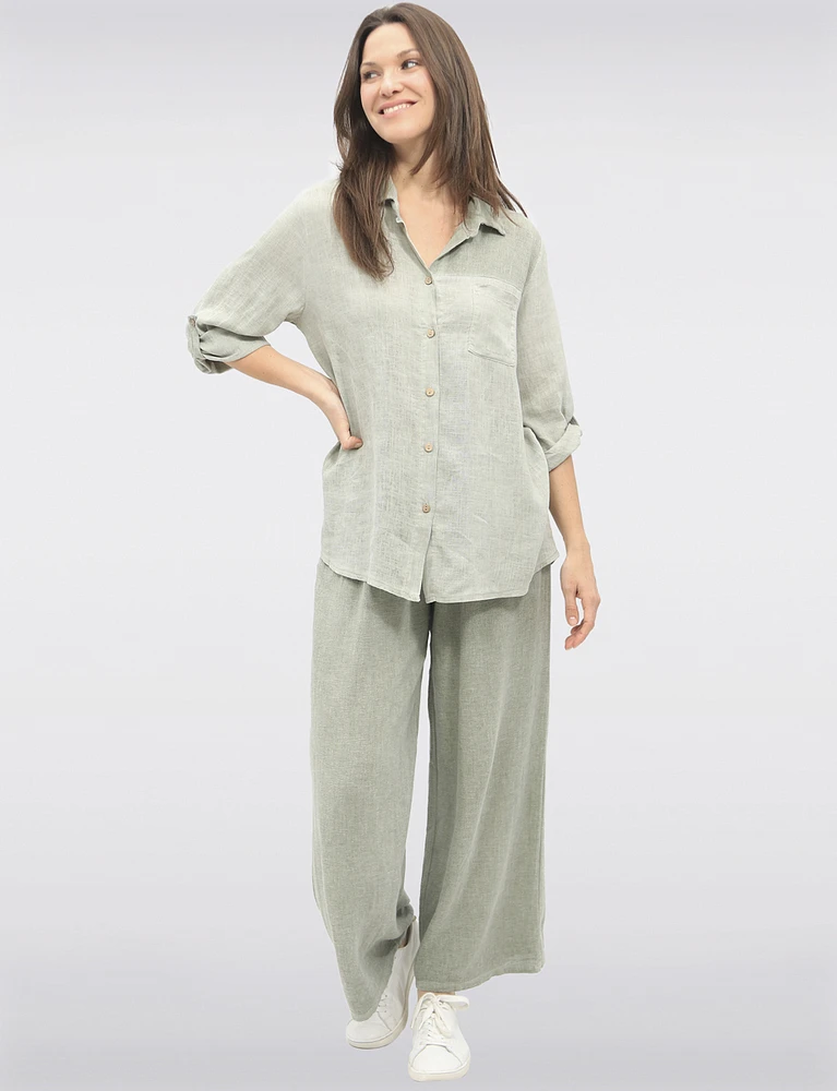 Linen Blend Adjustable 3/4 Sleeves Button-Down Collared Loose Shirt By Froccella