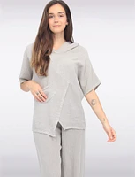 Hooded Cotton-Linen Front Pocket Asymmetrical Top By Froccella