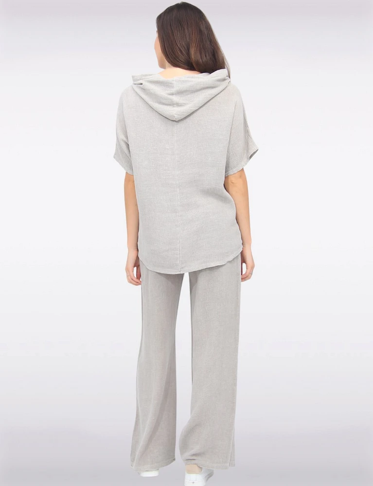 Hooded Cotton-Linen Front Pocket Asymmetrical Top By Froccella