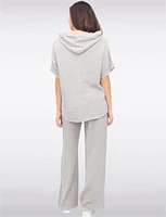Hooded Cotton-Linen Front Pocket Asymmetrical Top By Froccella