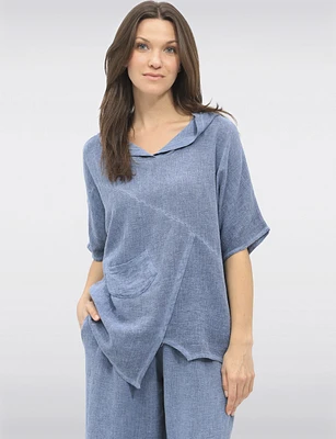 Hooded Cotton-Linen Front Pocket Asymmetrical Top By Froccella