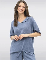 Hooded Cotton-Linen Front Pocket Asymmetrical Top By Froccella