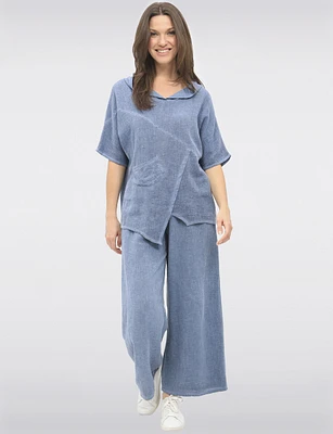 Relaxed Fit Wide-Leg Cotton-Linen Pants with Stretch Waistband by Froccella