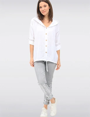 Lightweight Button-Front Hoodie with Sequin Trim & Tab Sleeves by Froccella