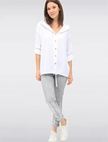 Lightweight Button-Front Hoodie with Sequin Trim & Tab Sleeves by Froccella