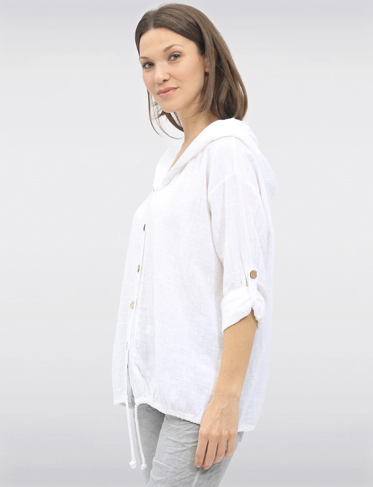 Lightweight Button-Front Hoodie with Sequin Trim & Tab Sleeves by Froccella