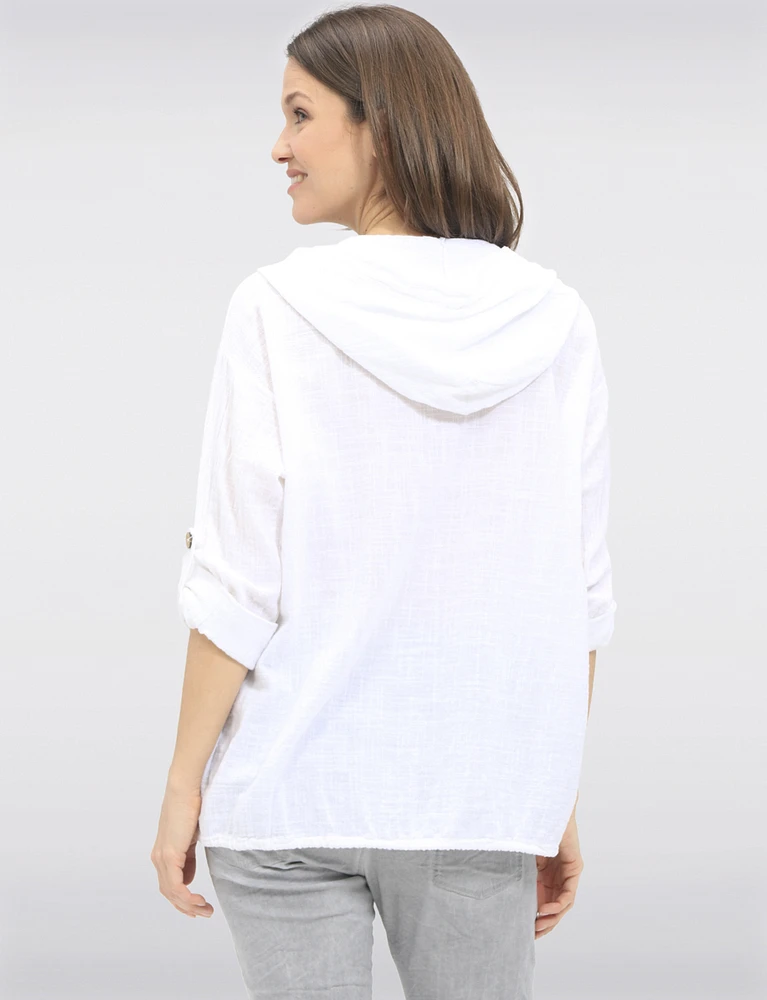 Lightweight Button-Front Hoodie with Sequin Trim & Tab Sleeves by Froccella