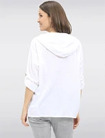Lightweight Button-Front Hoodie with Sequin Trim & Tab Sleeves by Froccella