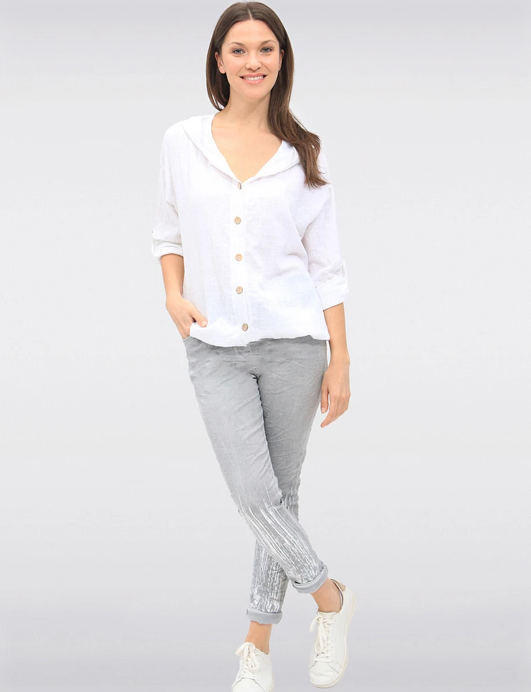 Lightweight Button-Front Hoodie with Sequin Trim & Tab Sleeves by Froccella
