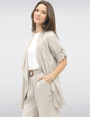 Flowy Linen-Blend Cardigan with Cascading Front & Rolled Sleeves by Froccella