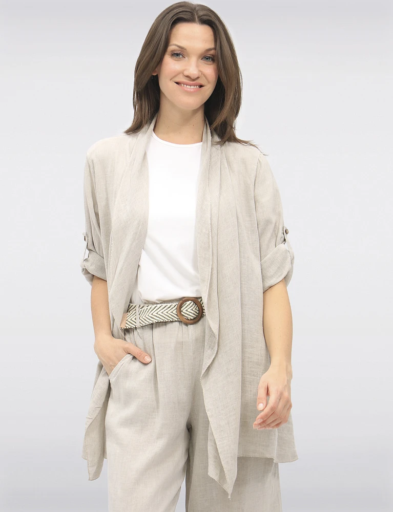 Flowy Linen-Blend Cardigan with Cascading Front & Rolled Sleeves by Froccella