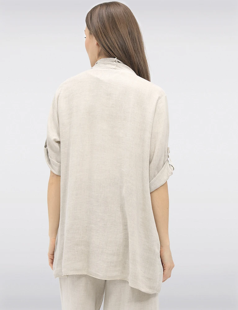 Flowy Linen-Blend Cardigan with Cascading Front & Rolled Sleeves by Froccella