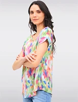 Vibrant Multi-Colored Flowy Top With Cap Sleeves & Fold-Over Cuffs by Ninety