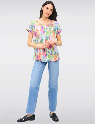 Vibrant Multi-Colored Flowy Top With Cap Sleeves & Fold-Over Cuffs by Ninety