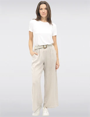 Relaxed Fit Wide-Leg Linen Pants with Decorative Buckled Belt by Froccella