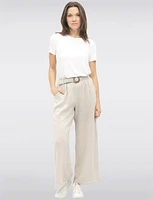 Relaxed Fit Wide-Leg Linen Pants with Decorative Buckled Belt by Froccella