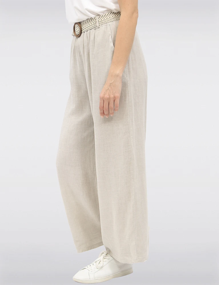 Relaxed Fit Wide-Leg Linen Pants with Decorative Buckled Belt by Froccella
