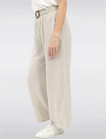 Relaxed Fit Wide-Leg Linen Pants with Decorative Buckled Belt by Froccella
