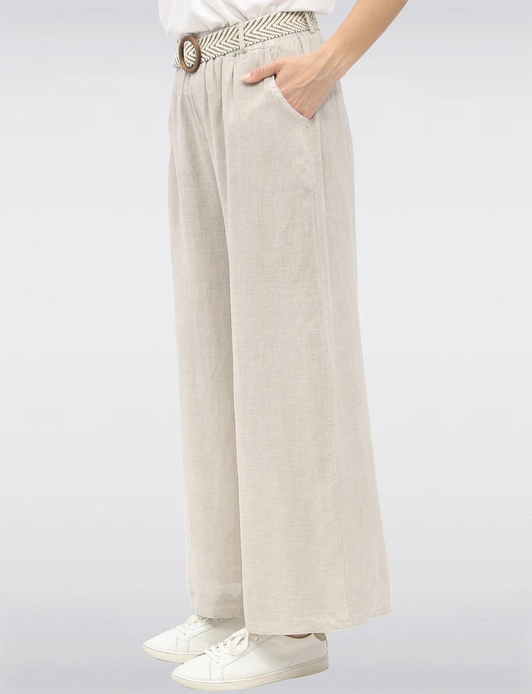 Relaxed Fit Wide-Leg Linen Pants with Decorative Buckled Belt by Froccella