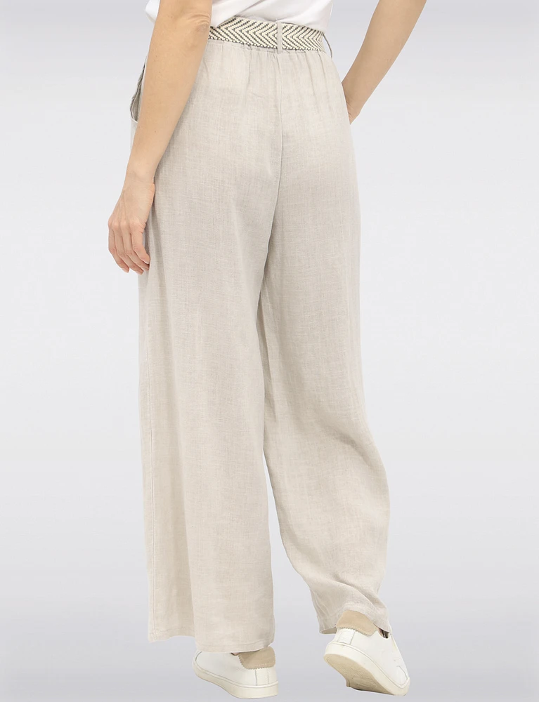 Relaxed Fit Wide-Leg Linen Pants with Decorative Buckled Belt by Froccella