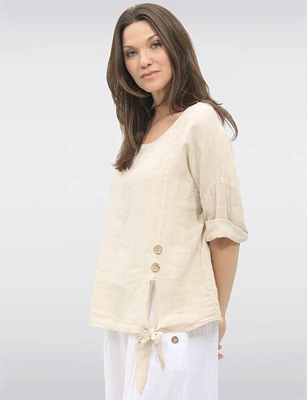 Lightweight Linen Tie-Knot Top with Decorative Button Details by Froccella