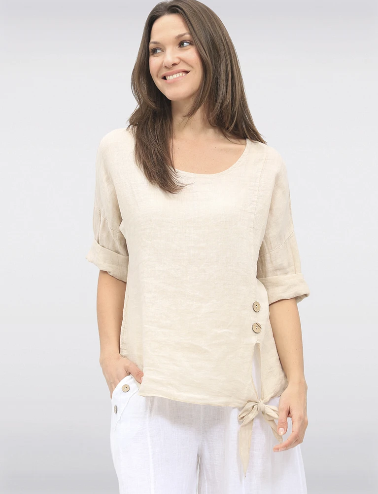 Lightweight Linen Tie-Knot Top with Decorative Button Details by Froccella