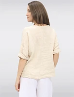 Lightweight Linen Tie-Knot Top with Decorative Button Details by Froccella