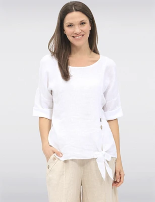 Lightweight Linen Tie-Knot Top with Decorative Button Details by Froccella