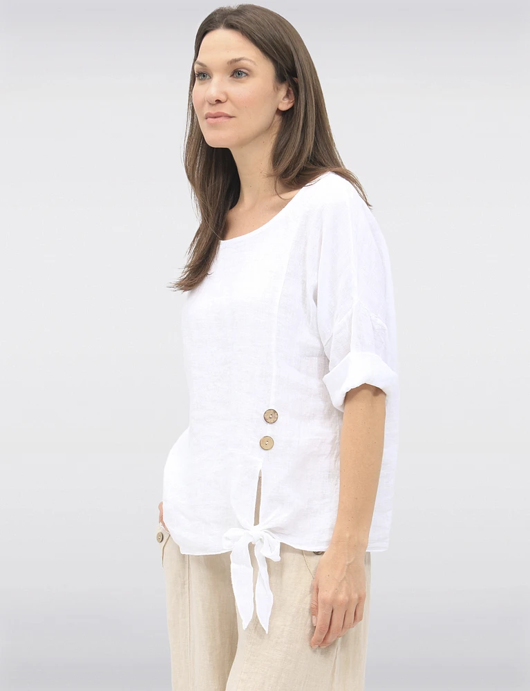 Lightweight Linen Tie-Knot Top with Decorative Button Details by Froccella