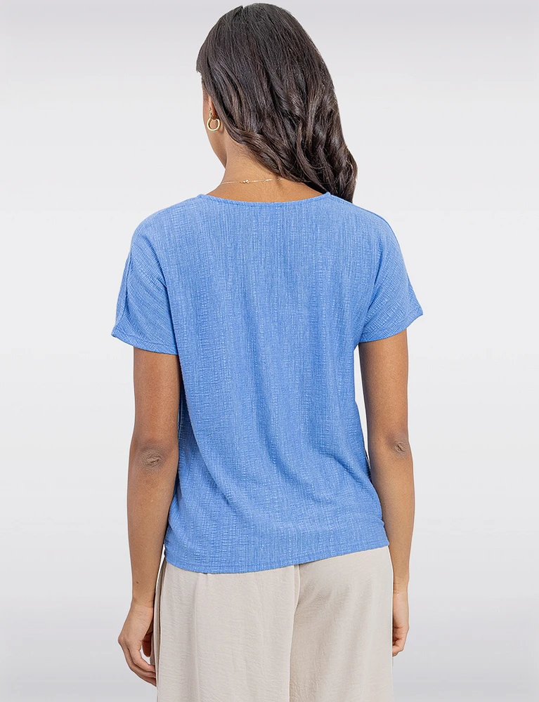 Chic Heathered V-Neck with Twist Front Detail & Short Sleeves by Ninety