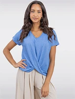 Chic Heathered V-Neck with Twist Front Detail & Short Sleeves by Ninety