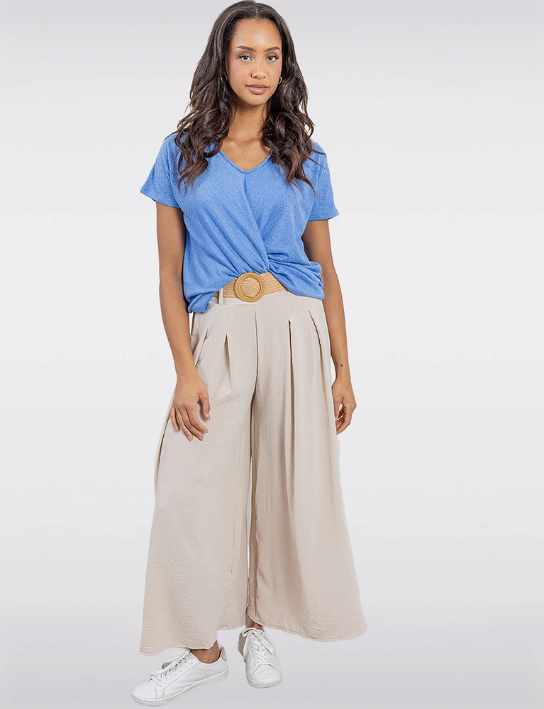 Chic Heathered V-Neck with Twist Front Detail & Short Sleeves by Ninety