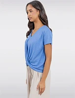 Chic Heathered V-Neck with Twist Front Detail & Short Sleeves by Ninety