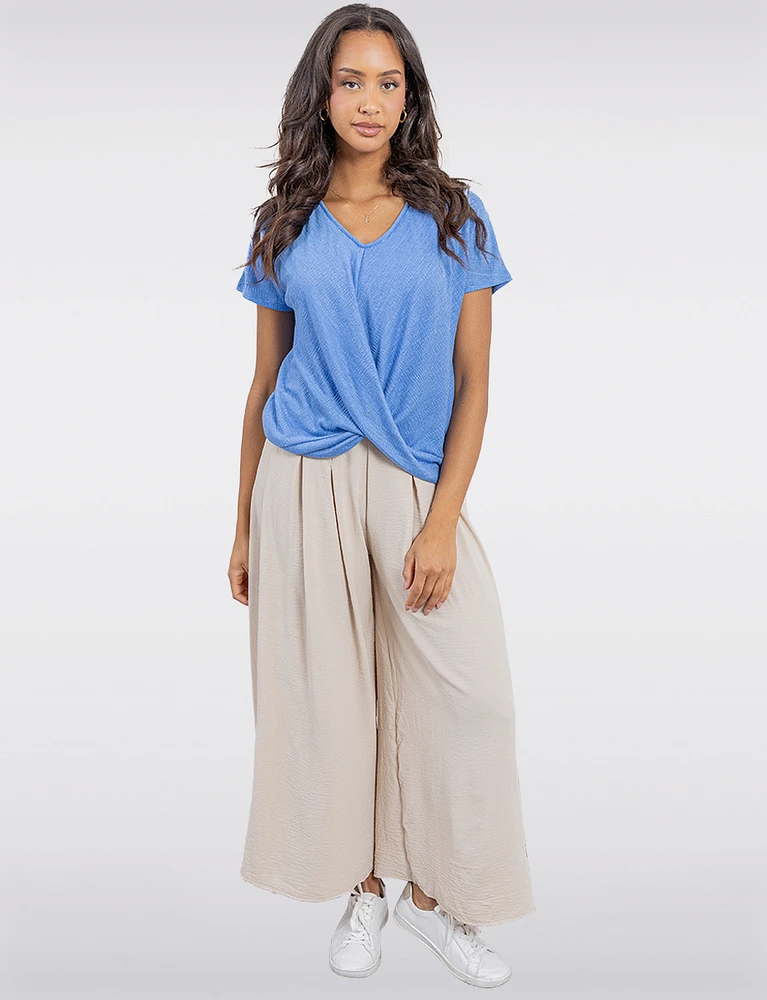Chic Heathered V-Neck with Twist Front Detail & Short Sleeves by Ninety
