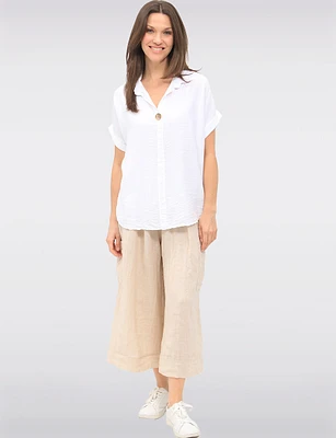 Relaxed Wide-Leg Linen Pants with High-Rise Pull-On Tie Knot by Froccella